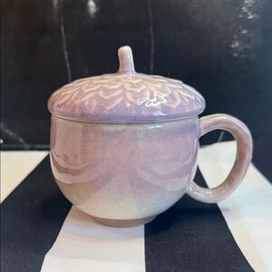 Anthropologie Lavender Mauve Acorn Ceramic Mug with Lid with imperfection